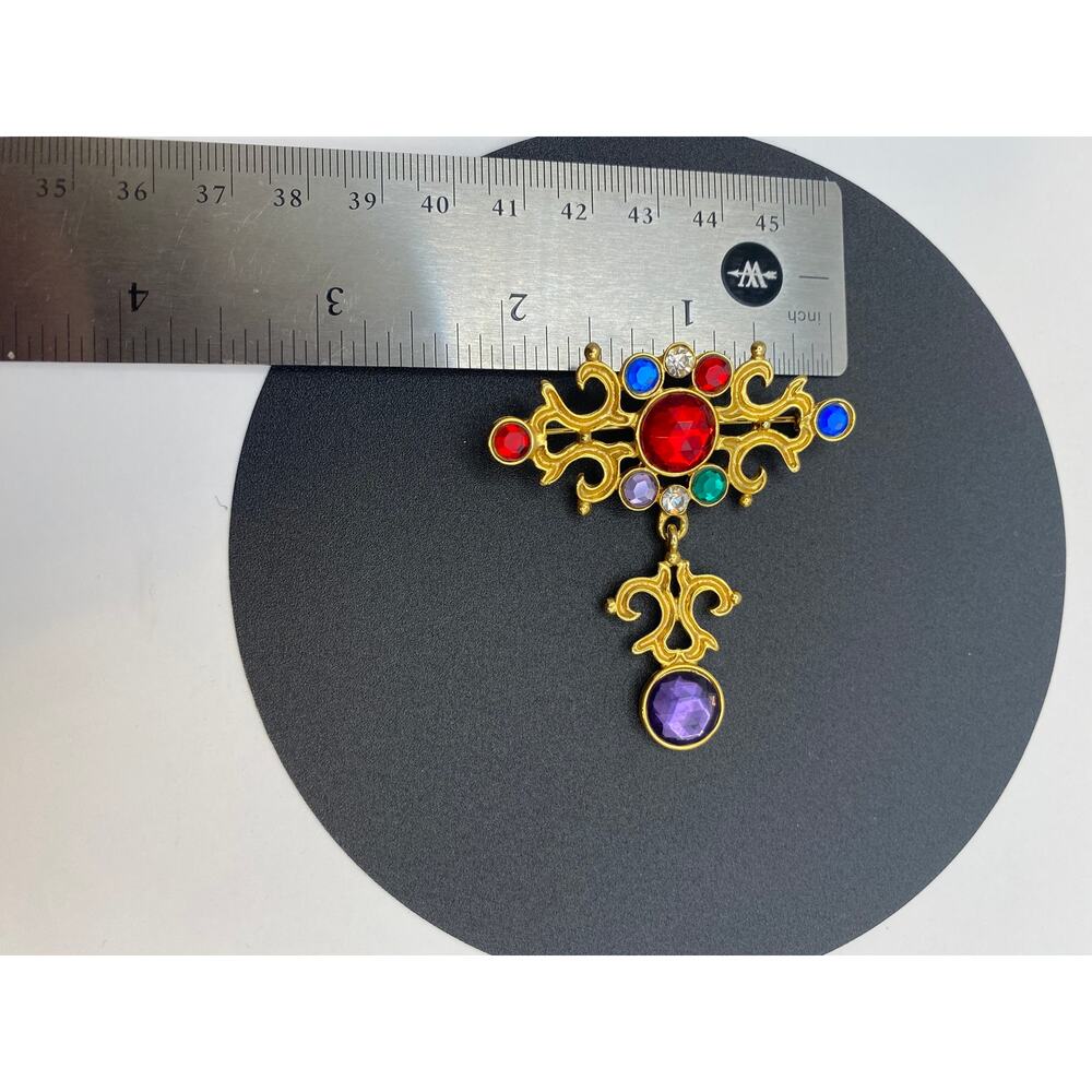 Vintage AJC Gold Tone Jeweled Drop Brooch — Renaissance Revival Style - Picture 8 of 8